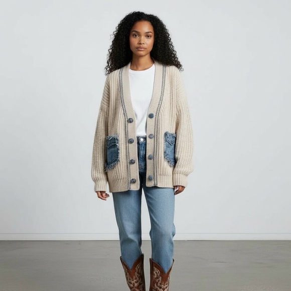 Women's Like Love Beige Cardigan with Denim Pockets S - Picture 14 of 15